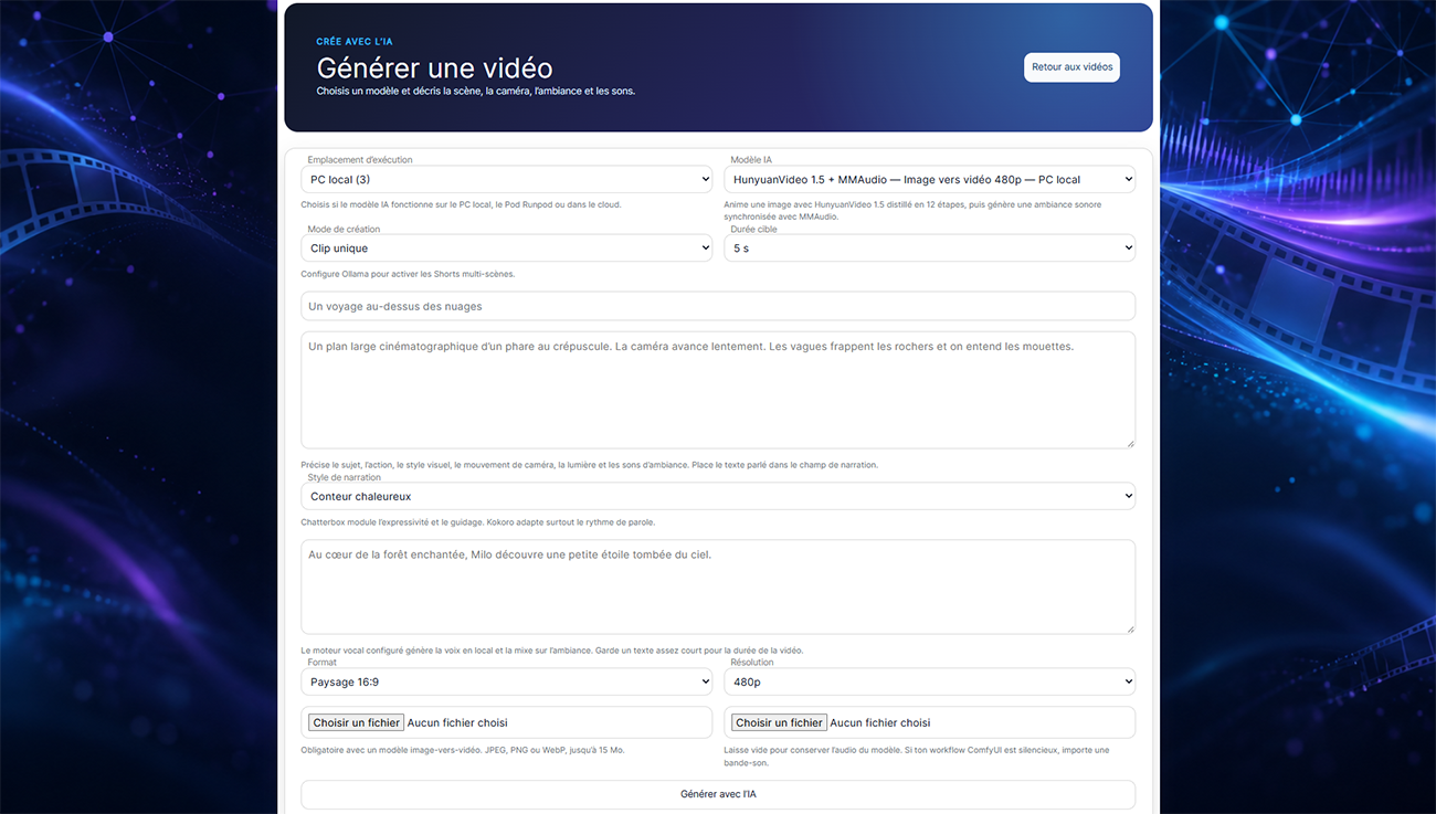 Formulaire de création vidéo de VideoStudio AI avec choix du moteur, du mode, du prompt, de la narration et du format