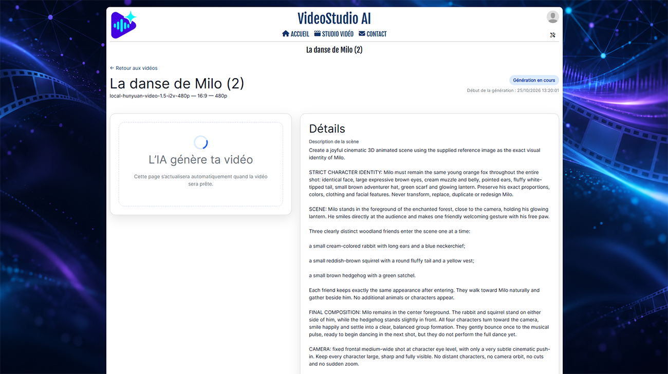 Fiche d’une vidéo en cours de génération avec indicateur d’attente et détails du prompt