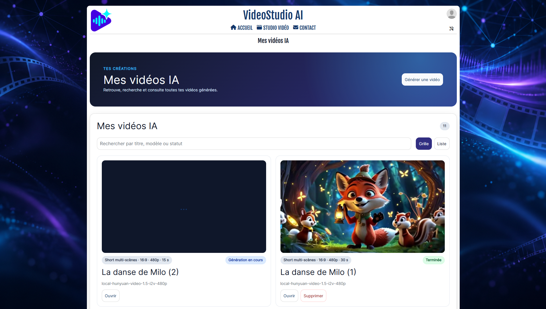 Médiathèque VideoStudio AI présentant les vidéos générées en grille avec leur état