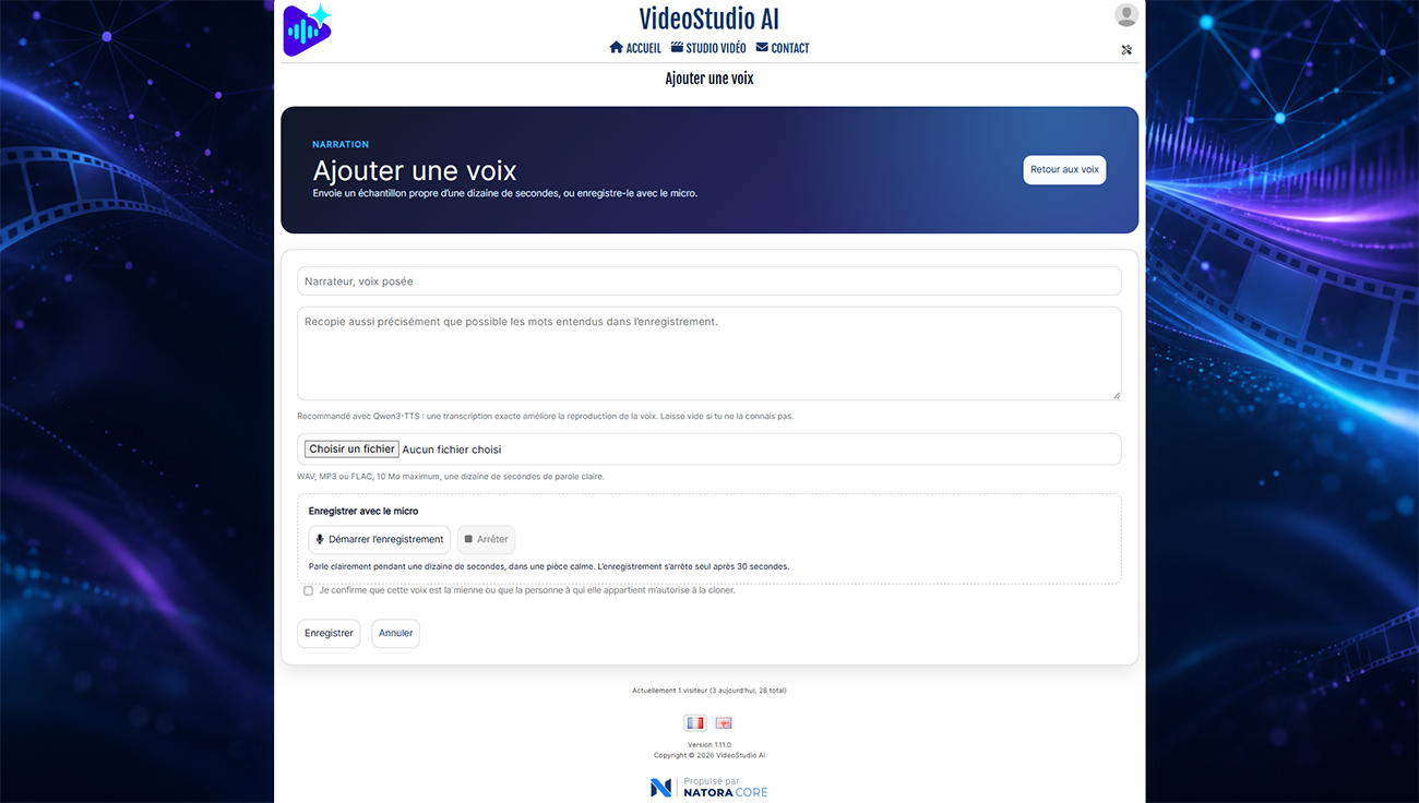 Formulaire VideoStudio AI pour importer ou enregistrer une voix avec consentement